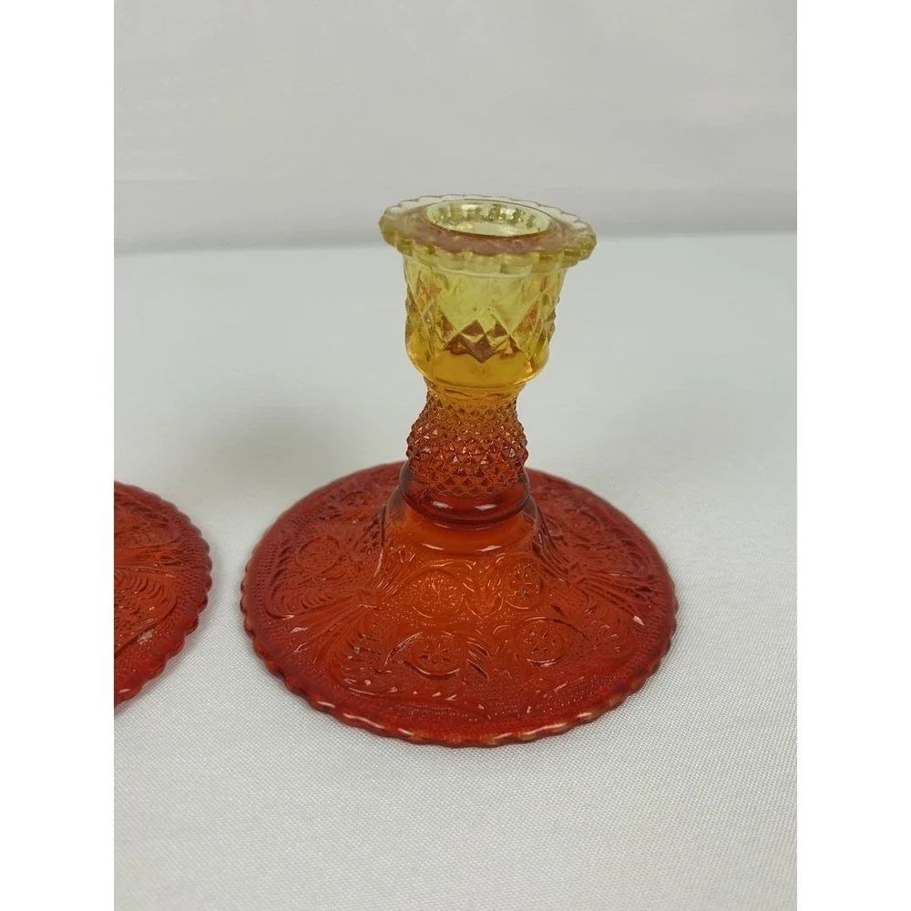 Vintage Candlesticks Glass Muti-color Red Yellow Orange 3 3/4 Tall